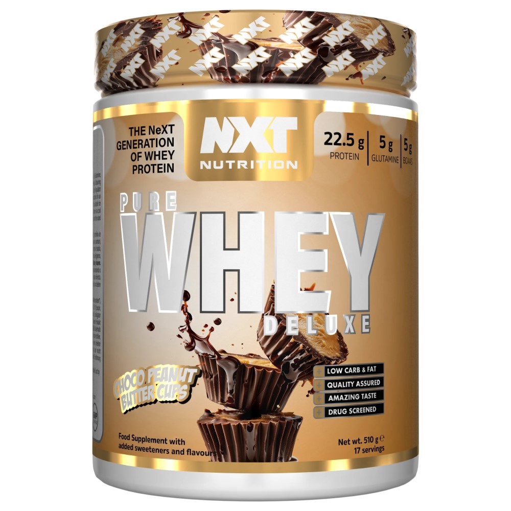 NXT Nutrition Pure Whey Deluxe 510g choco peanut butter cups flavour whey protein supplement with 22.5g protein per serving, low carb and fat, in a gold tub.