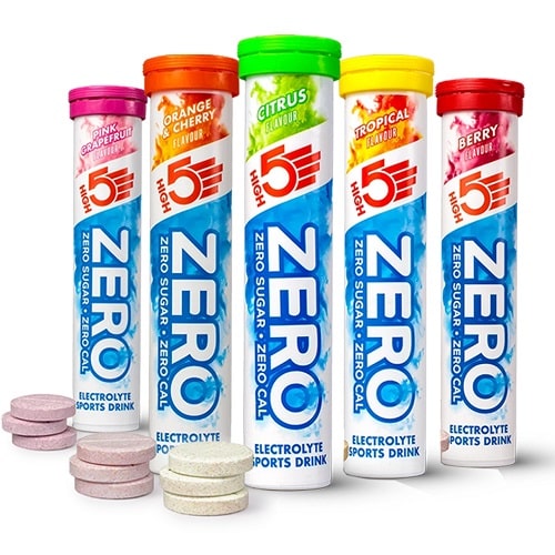 High5 Zero Electrolyte Sports Drink effervescent tabs in assorted flavours including pink grapefruit, orange cherry, citrus, tropical, and berry. Sugar-free, calorie-free hydration tablets for sports nutrition.
