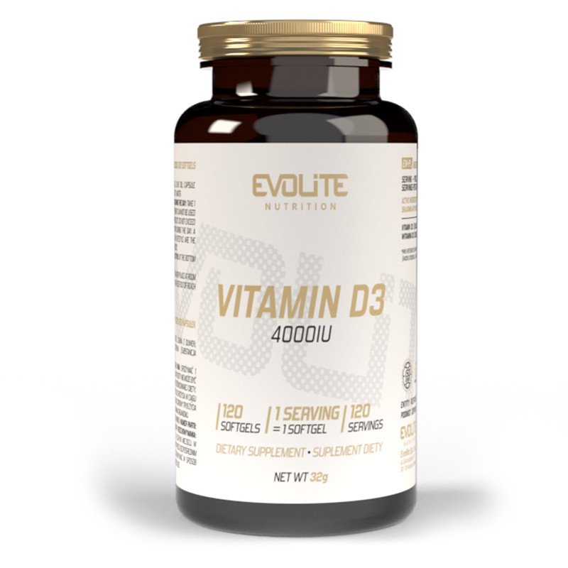 Evolite Vitamin D3 4000IU dietary supplement in a bottle containing 120 softgels, high-strength vitamin D3 for daily supplementation, white and gold label.