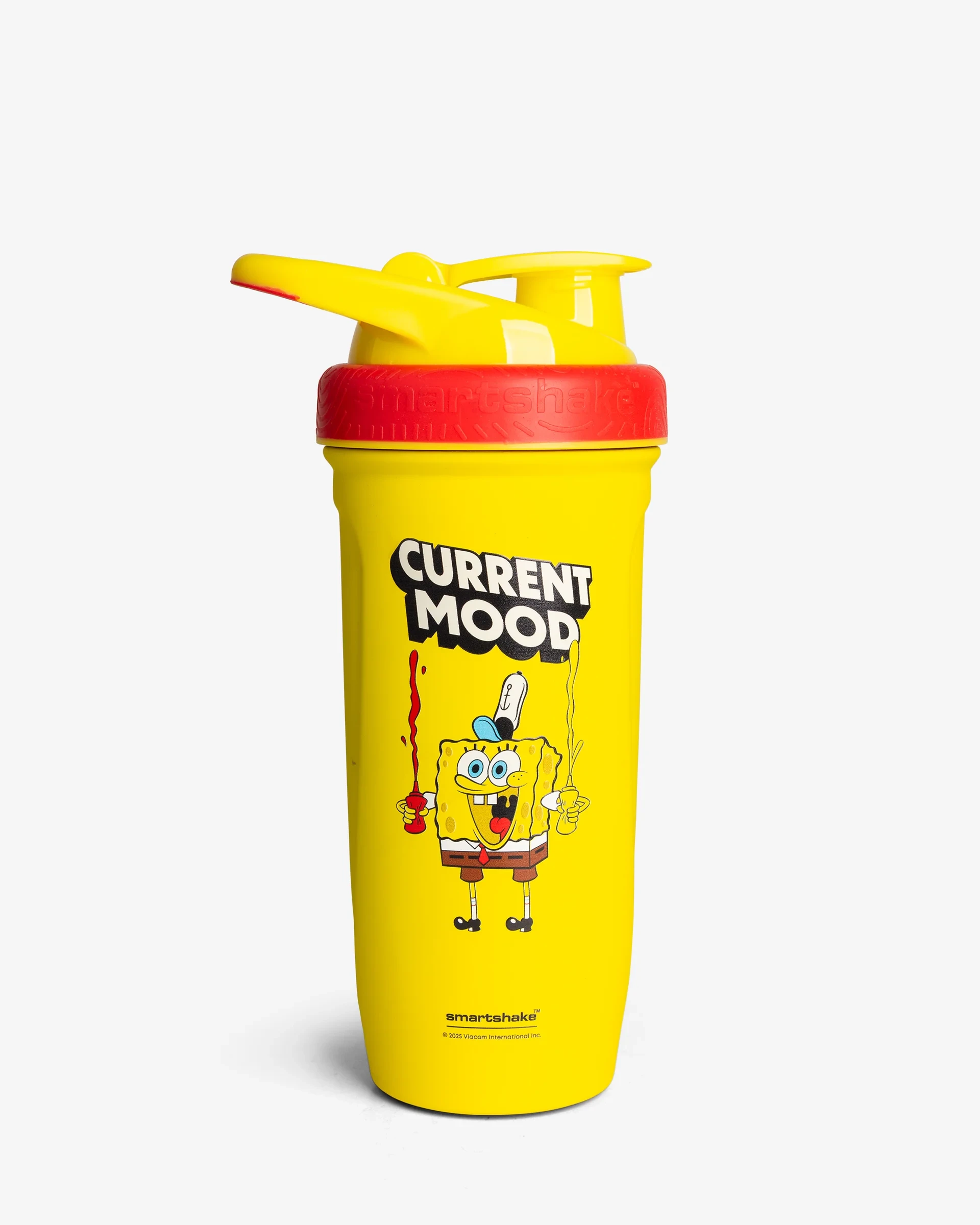 SmartShake Reforce SpongeBob SquarePants 900ml stainless steel shaker bottle in yellow with a red grip and flip-top lid.