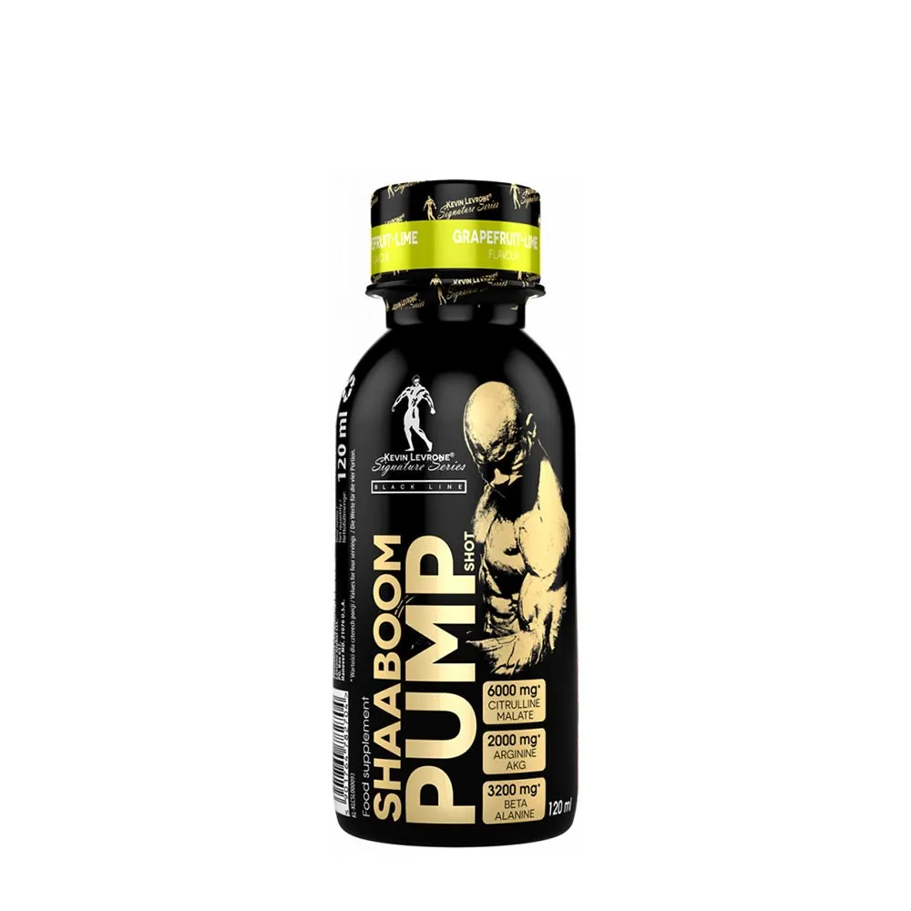 Kevin Levrone Shaaboom Pump Shot 120ml Grapefruit Lime is a liquid pre-workout supplement featuring citrulline malate, arginine AKG, and beta-alanine for muscle pump and energy.