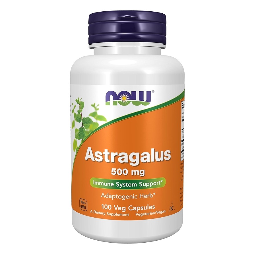 NOW Foods Astragalus 500 mg 100 veg capsules dietary supplement, labeled for immune system support and adaptogenic herb, in an orange and white bottle.