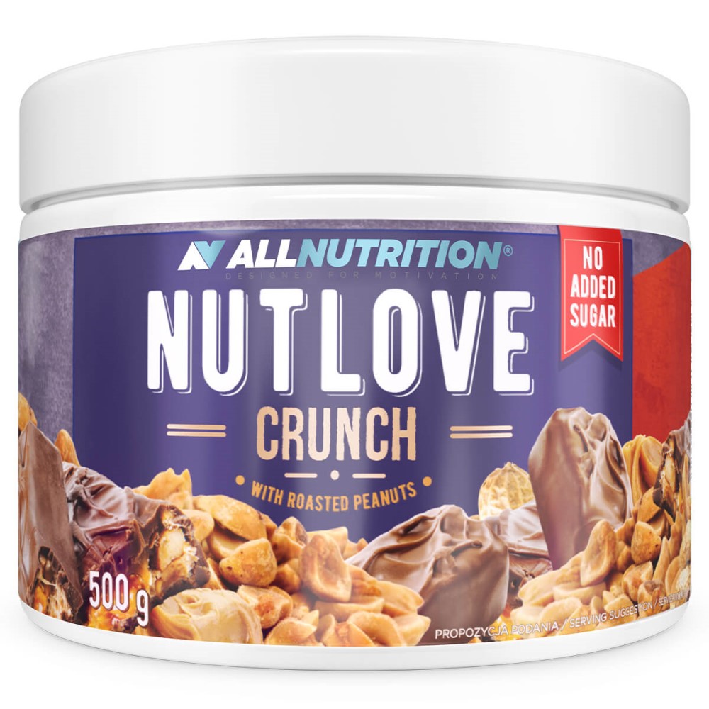 Allnutrition Nutlove Crunch 500g peanut spread with roasted peanuts, no added sugar, in a white tub with a purple label and images of chocolate and peanuts.