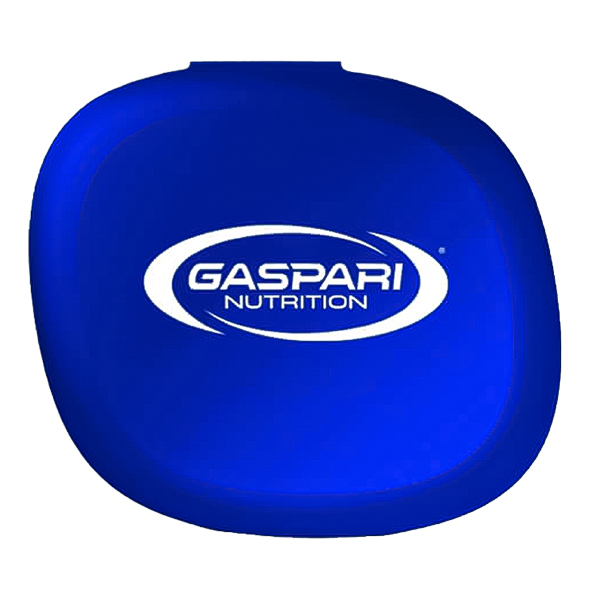 Gaspari Nutrition Pillbox, a blue pill organizer case for supplements and vitamins, featuring the Gaspari Nutrition logo on the lid.