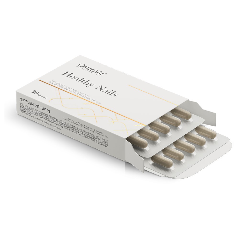 OstroVit Healthy Nails 30 capsules dietary supplement for nail and skin health, shown in a white box with blister packs of capsules partially visible.