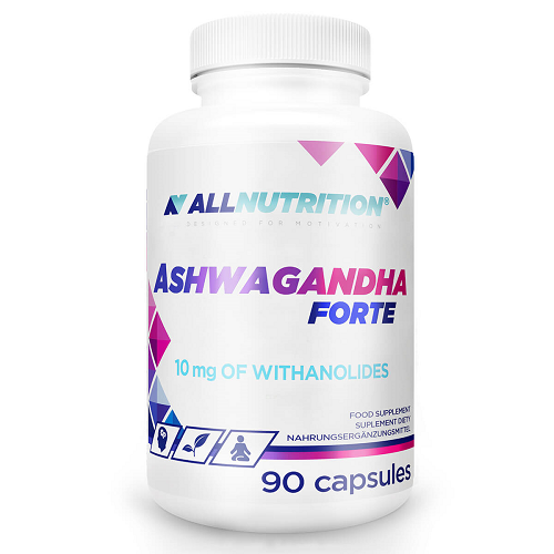 Allnutrition Ashwagandha Forte 90 capsules, a food supplement containing 10 mg of withanolides, in a white bottle with purple and blue accents.