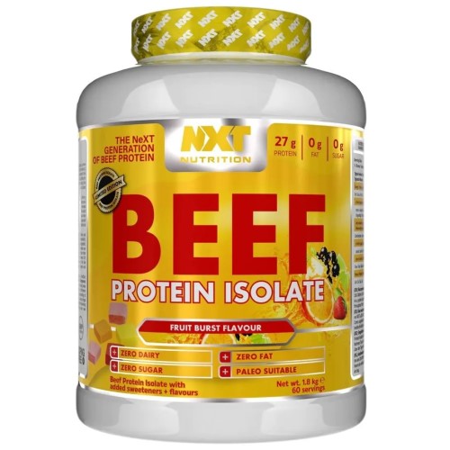 NXT Nutrition Beef Protein Isolate 1800g tub, angled view highlighting product branding