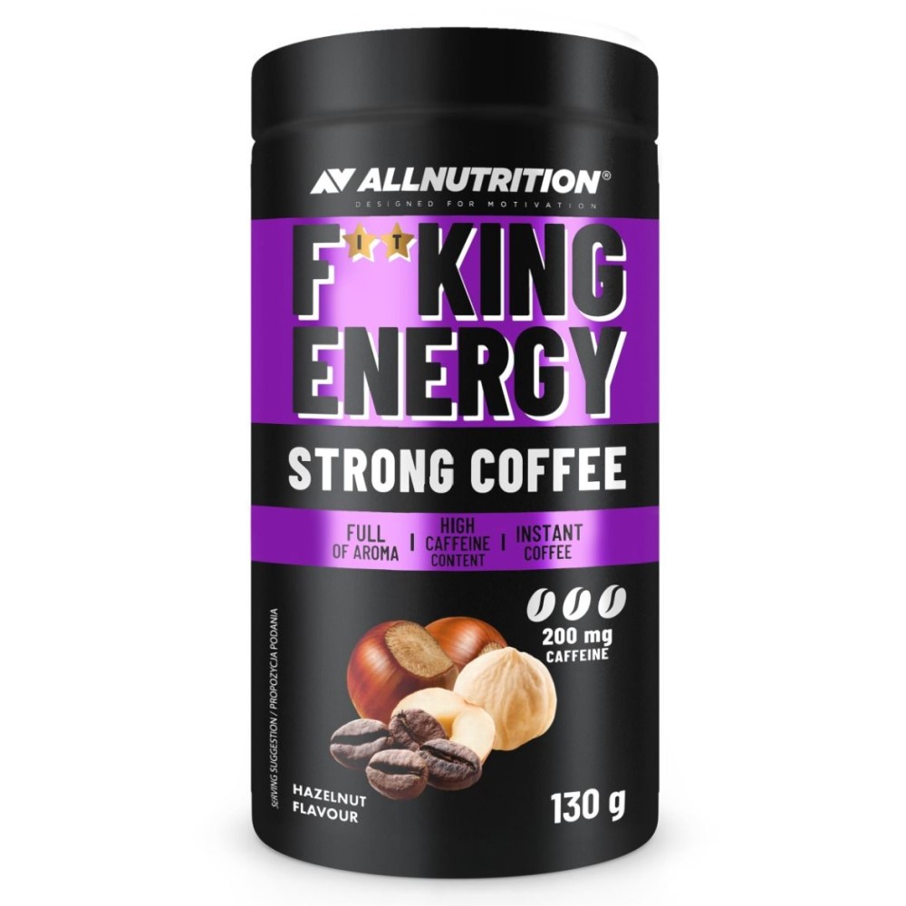 Allnutrition Fitking Energy Strong Coffee 130g hazelnut flavour instant coffee with high caffeine content and full aroma, in a black and purple container.