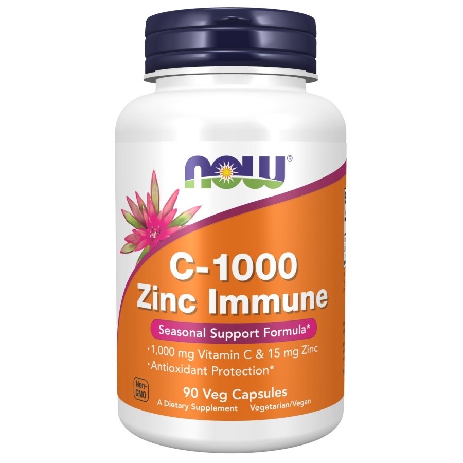 NOW C-1000 Zinc Immune 90 Veg Capsules dietary supplement with 1,000 mg Vitamin C and 15 mg Zinc, antioxidant protection, vegetarian/vegan formula, orange label.