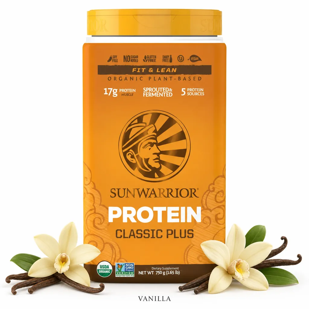 Sunwarrior Protein Classic Plus Organic 750g vanilla flavor plant-based protein powder, USDA Organic, vegan, gluten-free, in an orange container with vanilla pods and flowers.