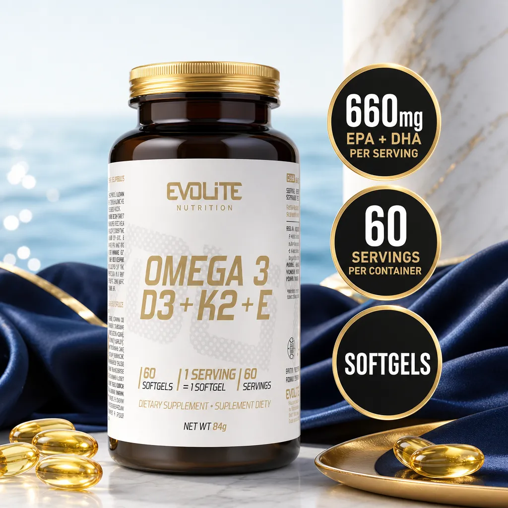 Evolite Omega 3+D3+K2mk7+E dietary supplement with 60 softgels, omega-3 fish oil and vitamins D3, K2 and E