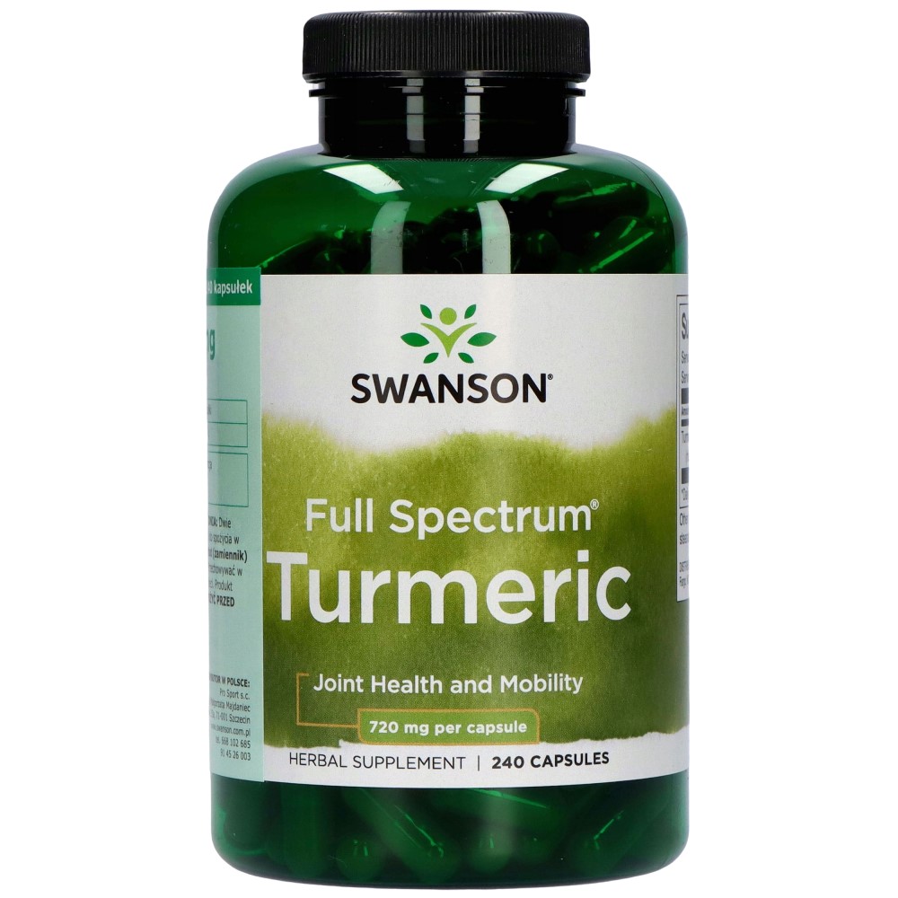 Swanson Full Spectrum Turmeric 720mg herbal supplement for joint health and mobility, 240 capsules, in a green bottle.