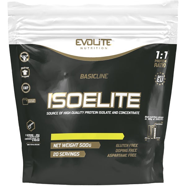 Evolite IsoElite 500g whey protein powder in a branded Evolite Nutrition container, typically with product label and serving size details