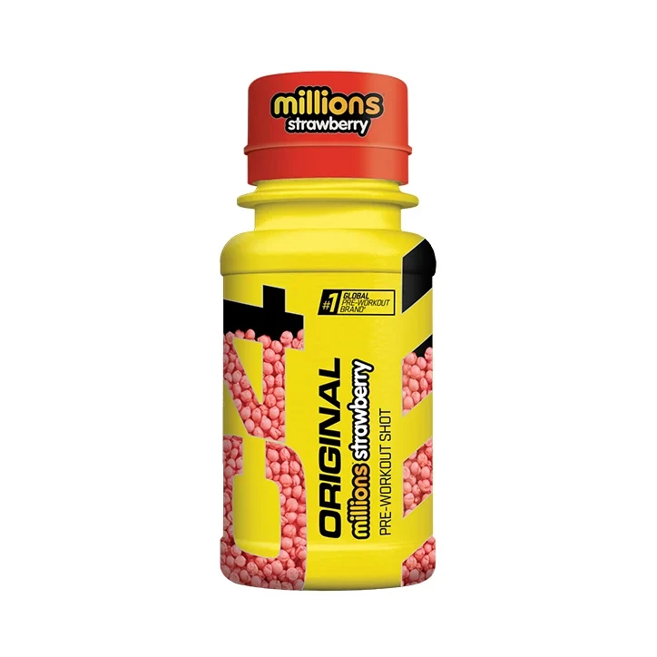 Cellucor C4 Pre Workout Shot Millions Strawberry 60ml features a bright yellow bottle with bold branding, designed for convenient, sugar-free pre-workout energy and focus.