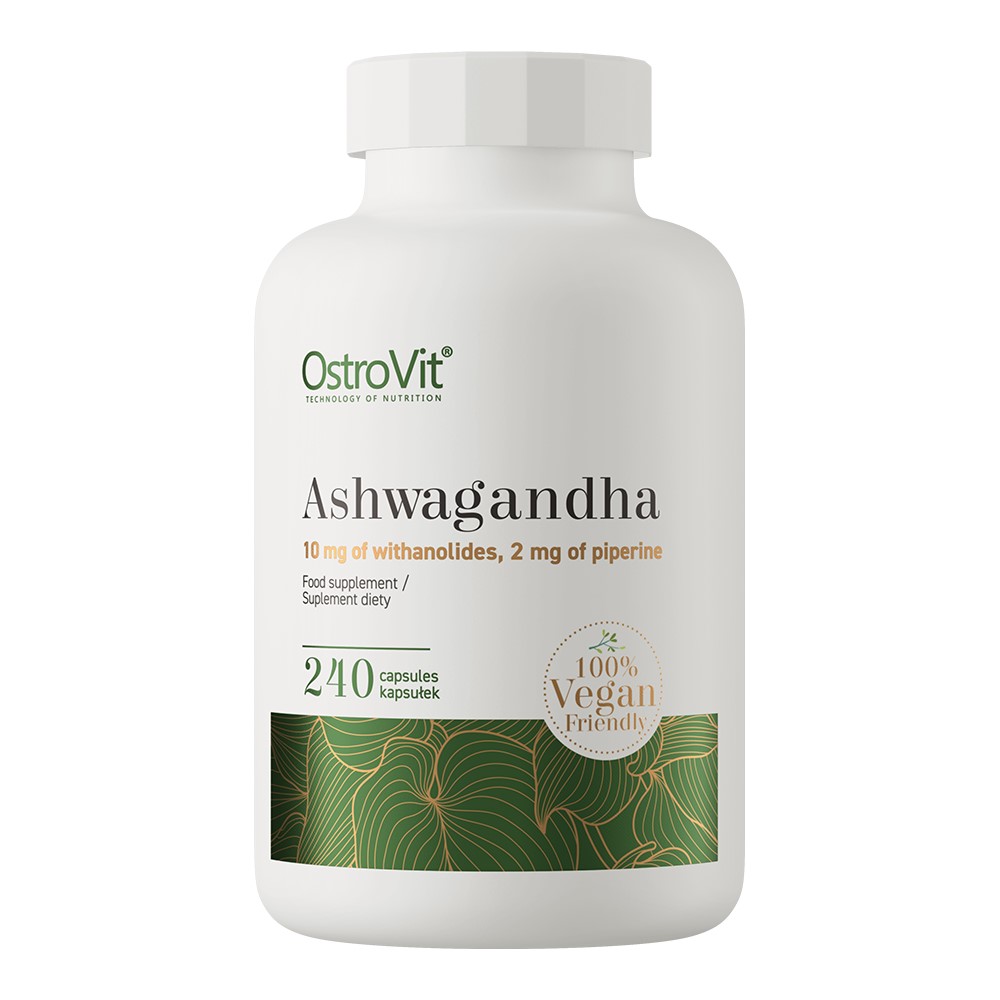 OstroVit Ashwagandha 240 capsules vegan-friendly dietary supplement with 10 mg withanolides and 2 mg piperine, in a white and green bottle.
