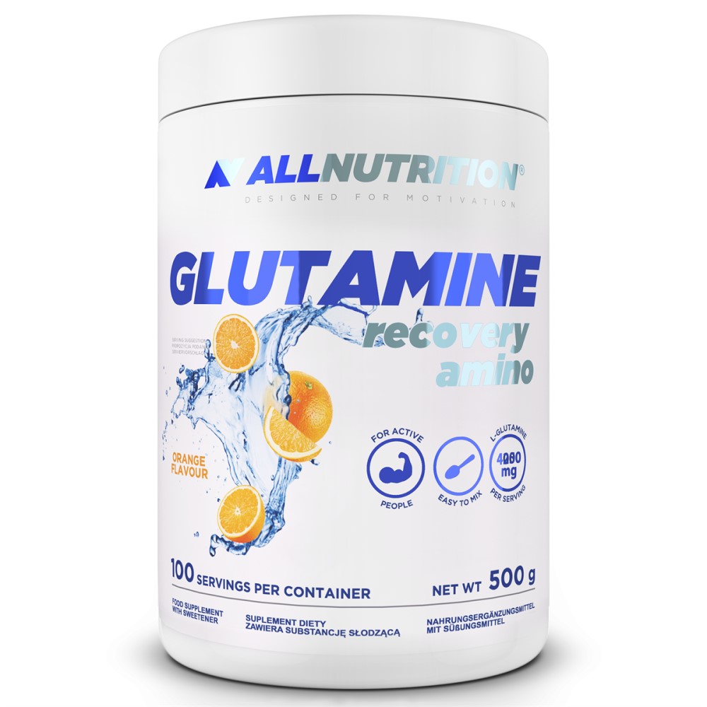 Allnutrition Glutamine Recovery Amino 500g orange flavour is a dietary supplement with sweetener, designed for active people, providing 4800mg L-glutamine per serving.