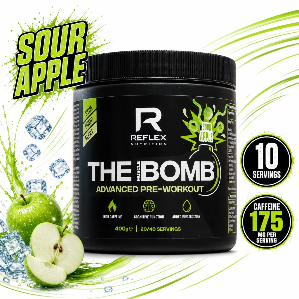 Reflex Nutrition The Muscle Bomb Advanced Pre-Workout, sour apple flavour, 400g black tub with 175mg caffeine per serving.