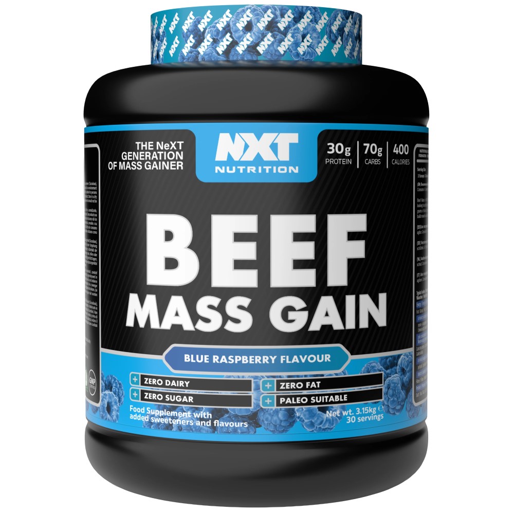 NXT Nutrition Beef Mass 3150g large black tub with bold branding, designed for mass gainer protein supplement