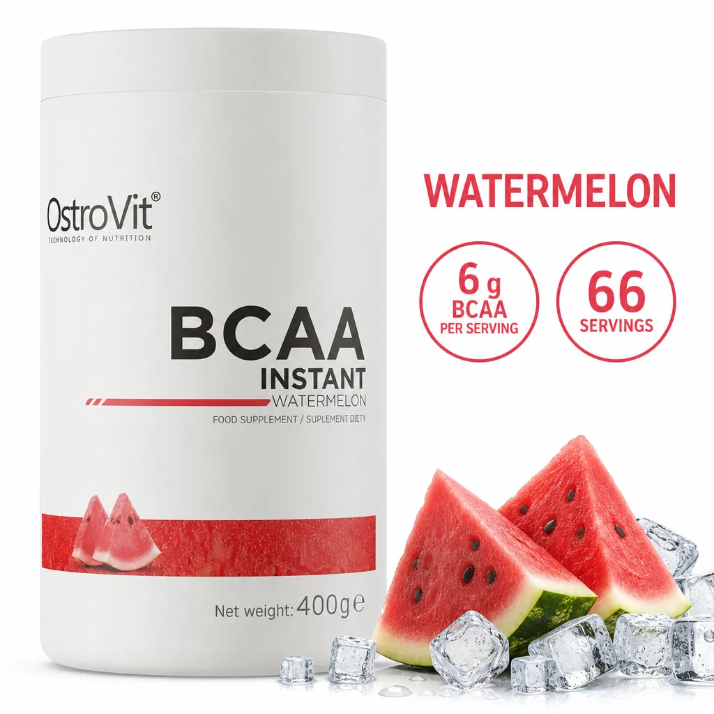 OstroVit BCAA Instant watermelon-flavoured amino acid powder, 400g white tub with red accents, providing 6g BCAA per serving.