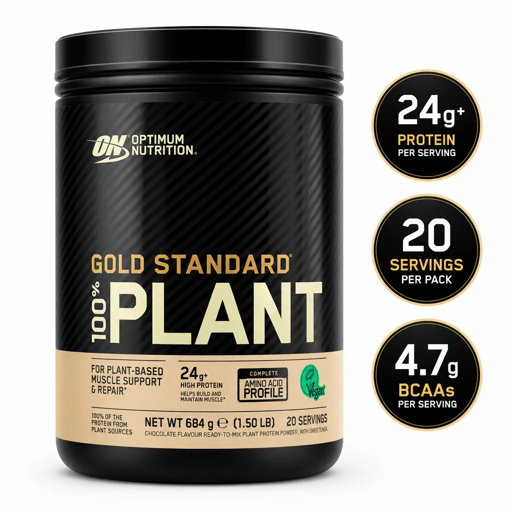 Optimum Nutrition Gold Standard 100% Plant chocolate flavour vegan protein powder, 684g tub with 24g protein per serving