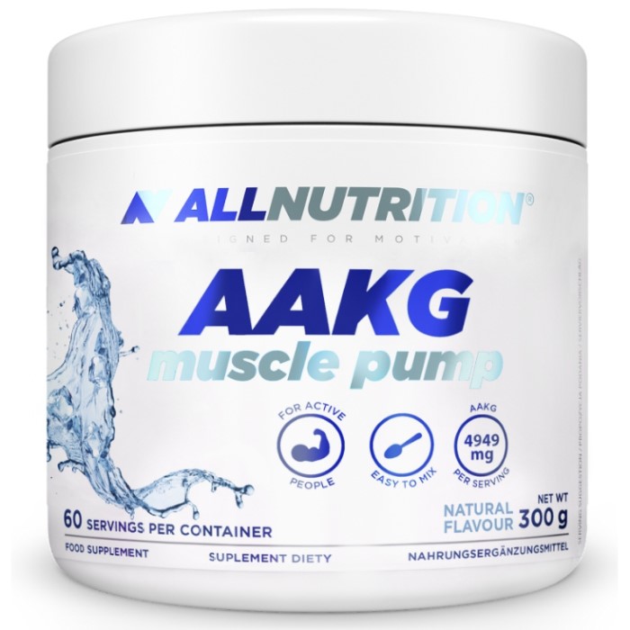 Allnutrition AAKG Muscle Pump 300g natural flavour dietary supplement for active people, providing 4949 mg AAKG per serving, easy to mix, in a white tub with blue accents.