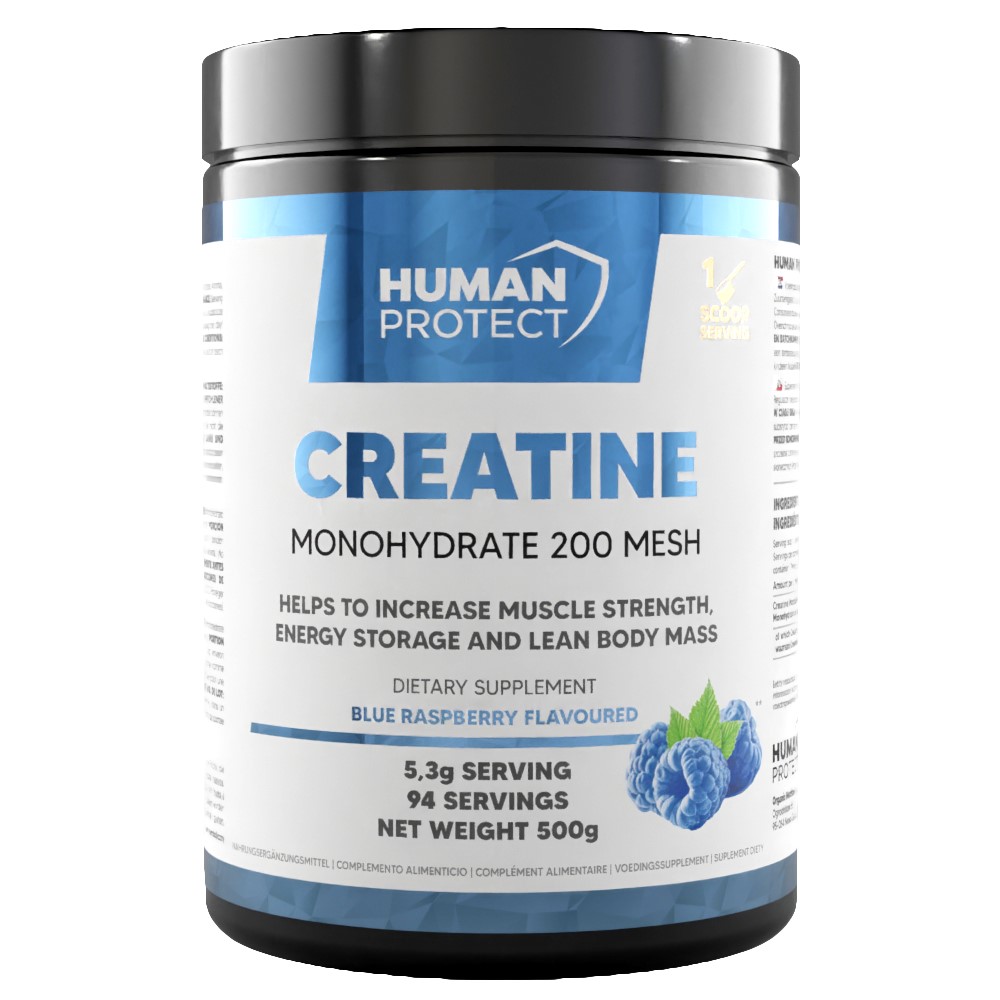 Human Protect Creatine Monohydrate 500g blue raspberry flavoured dietary supplement for muscle strength and energy, in a white and blue tub.