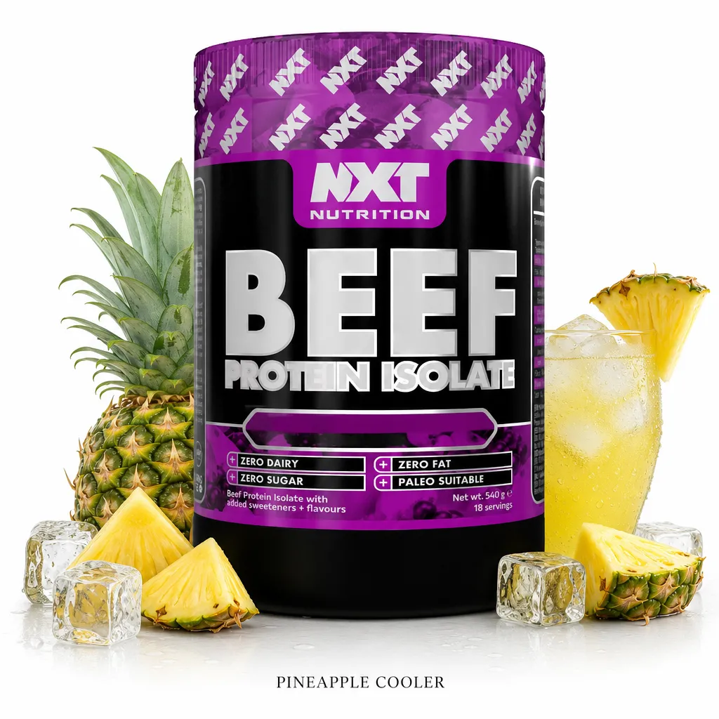 NXT Nutrition Beef Protein Isolate 540g Pineapple Cooler flavour, a dairy-free, zero fat, zero sugar protein powder for muscle growth and recovery, shown with fresh pineapple and ice.