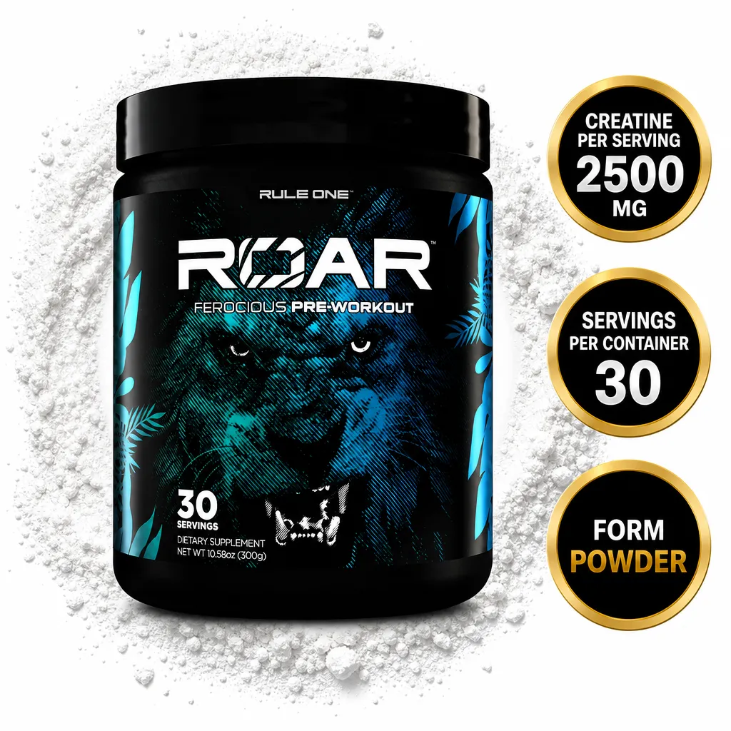 Rule One Roar pre-workout powder supplement, 30 servings in a 300 g black container with blue wolf design