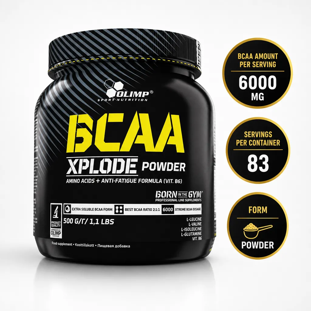 Olimp BCAA Xplode 500g branched-chain amino acid powder supplement with 6,000 mg BCAAs per serving and added vitamin B6