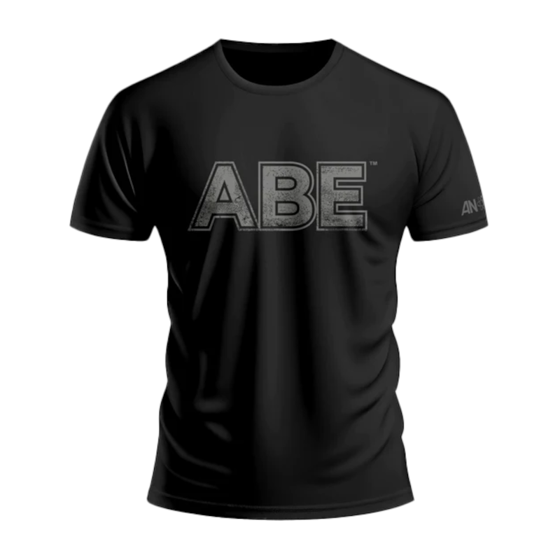 Applied Nutrition ABE T Shirt, black short-sleeve athletic shirt with large ABE logo on the front and subtle Applied Nutrition branding on the sleeve.