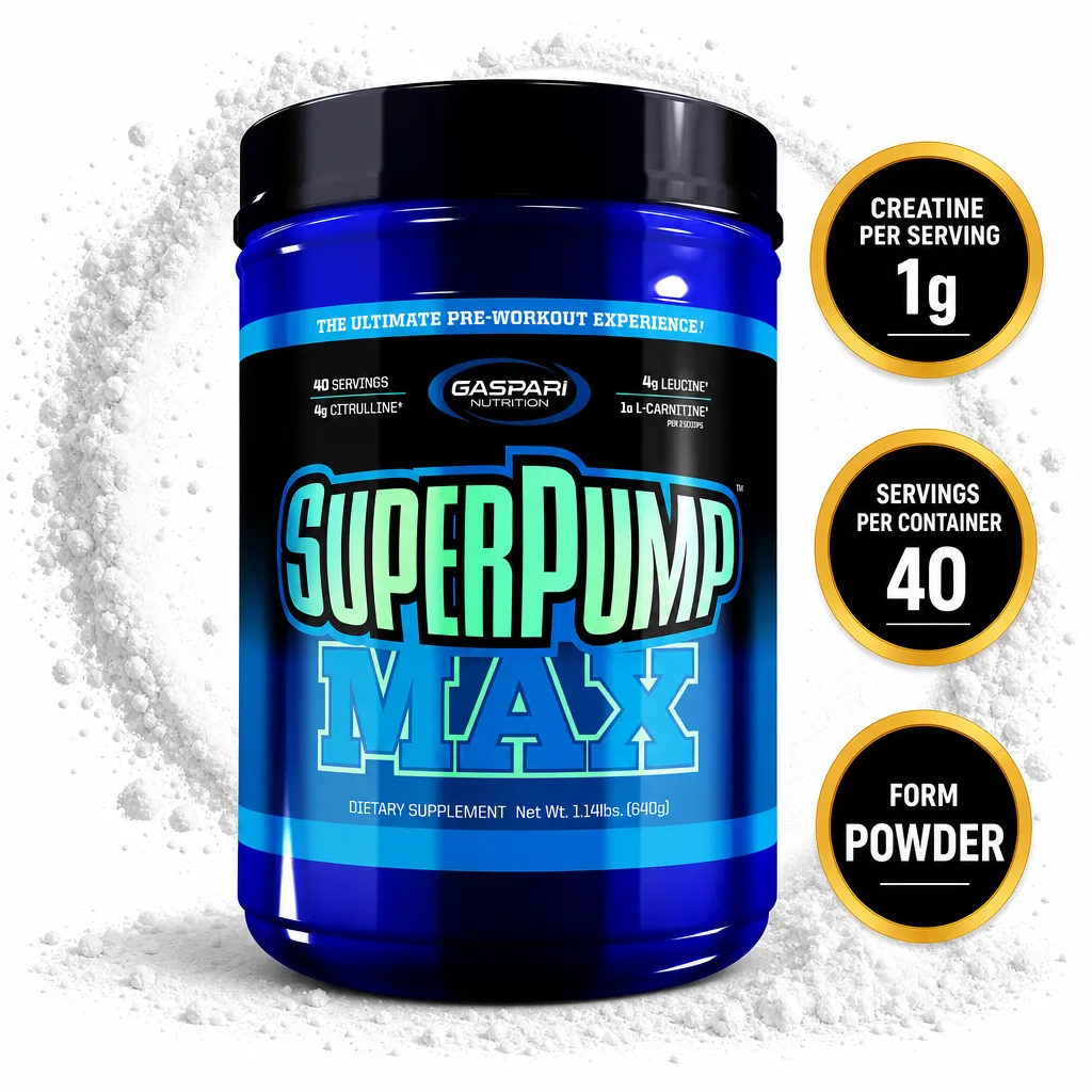 Gaspari Nutrition SuperPump Max 640g pre-workout powder supplement in a blue container with 40 servings