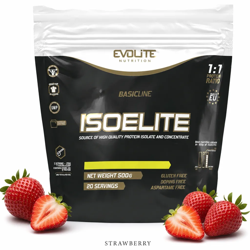 Evolite Nutrition IsoElite 500g strawberry whey protein powder, featuring a 1:1 blend of isolate and concentrate, gluten free, in a black pouch with strawberries.