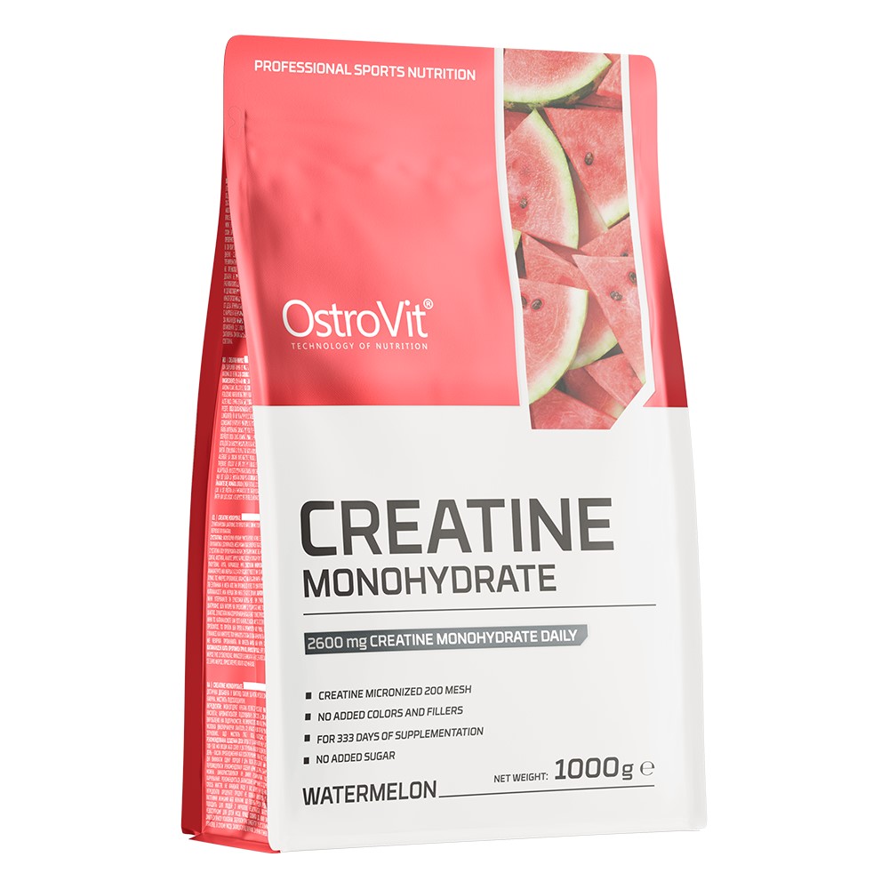 OstroVit Creatine Monohydrate 1000g Watermelon flavour, a micronized creatine supplement for sports nutrition, in a red and white pouch with watermelon imagery.