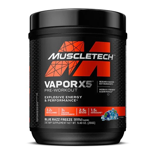 MuscleTech Vapor X5 Next Gen pre-workout supplement in Blue Razz Freeze flavour, 266g tub, designed for explosive energy and performance enhancement.