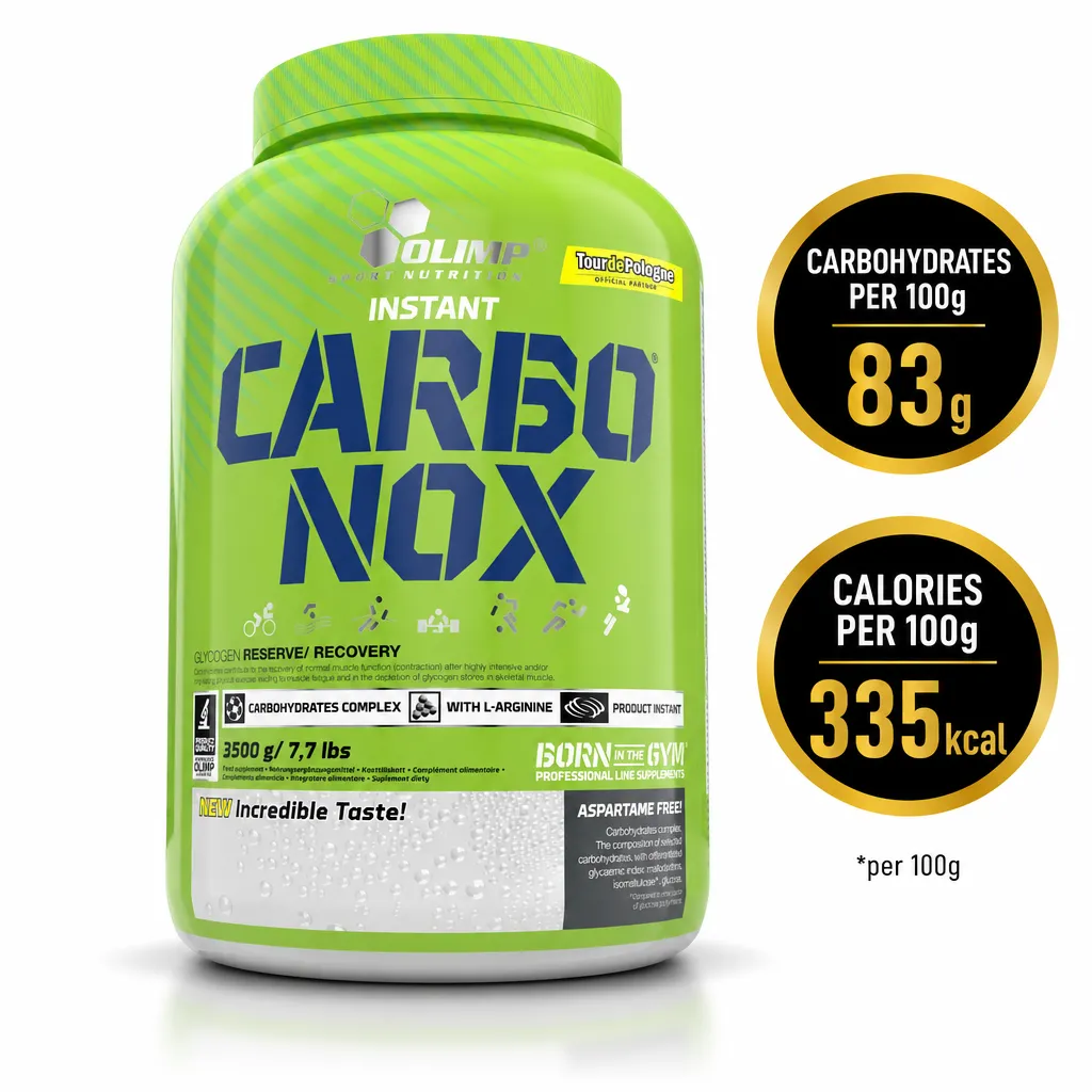Olimp Carbo-Nox 3000g instant carbohydrate powder in a bright green tub with complex carbohydrates and L-arginine