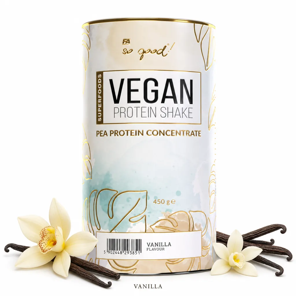 FA So Good! Vegan Protein Shake Vanilla is a plant-based protein powder featuring pea protein concentrate, hypoallergenic, gluten-free, and soy-free, in a 900g container.