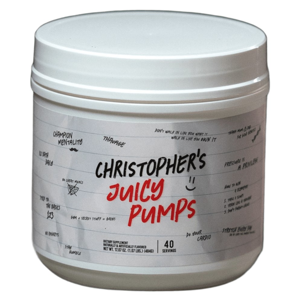 RAW Nutrition Christopher's Juicy Pumps pre-workout supplement, 40 servings, white tub with motivational text and red lettering, naturally and artificially flavored.