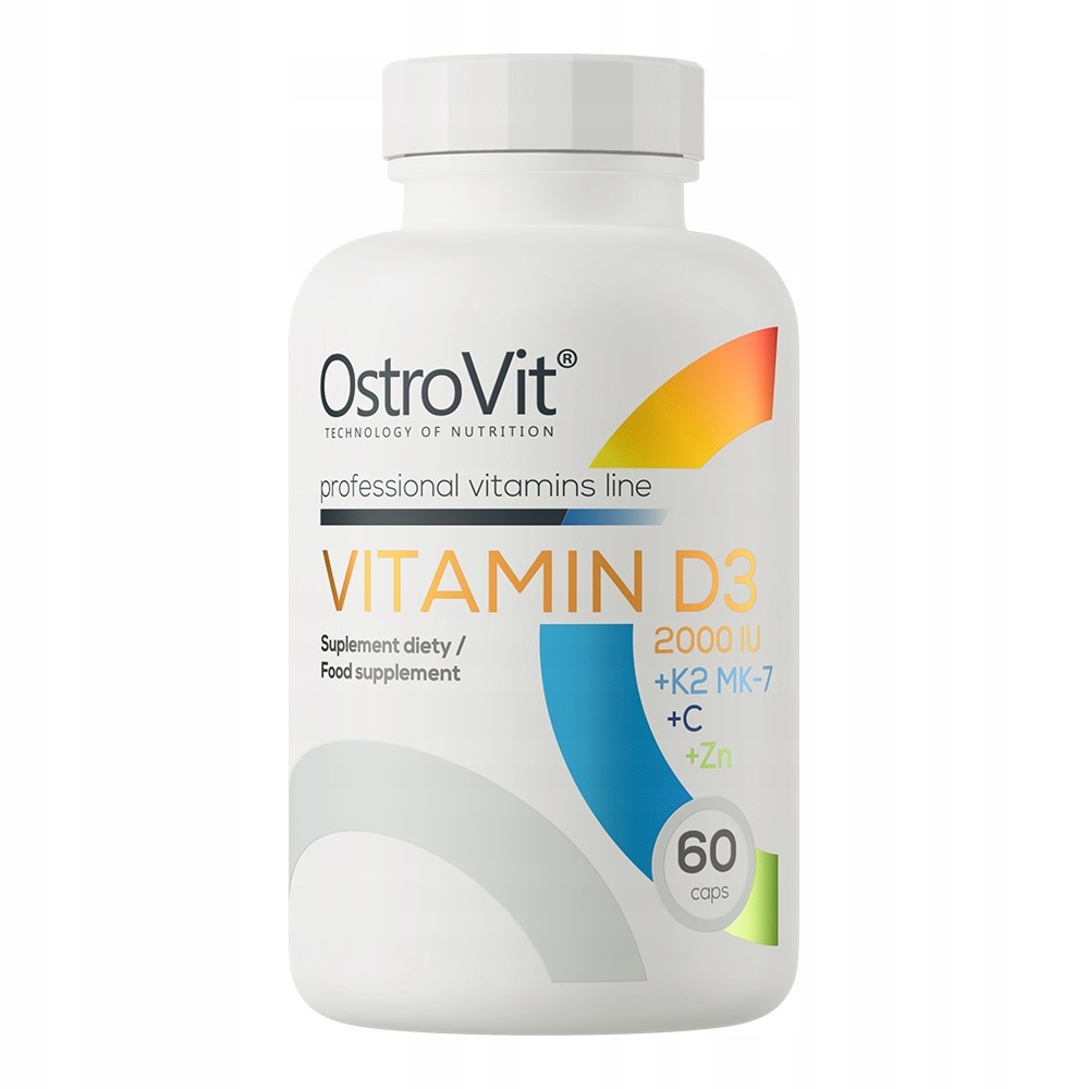 OstroVit Vitamin D3 2000 IU + K2 MK-7 + C + Zn dietary supplement, 60 capsules, multivitamin formula for immune and bone health, white bottle with colorful accents.