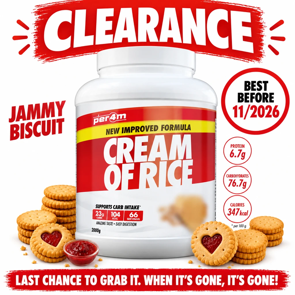 Per4m Cream of Rice 2000g in Jammy Biscuit flavour, shown in a white tub with a red label and biscuit imagery.