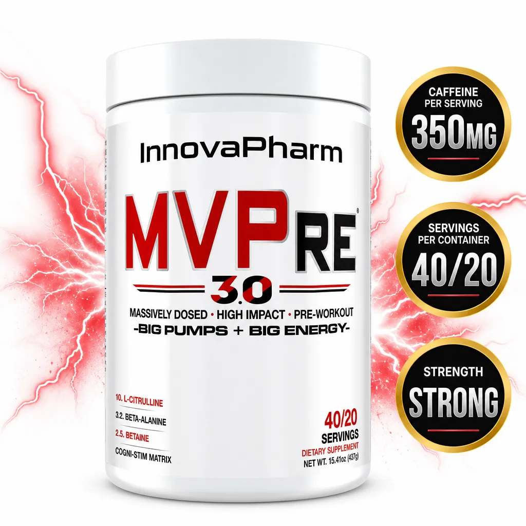 InnovaPharm MVPre 3.0 pre-workout supplement, 40/20 servings, with 350mg caffeine per serving in a white tub