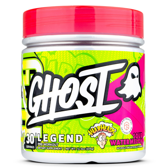 Ghost Legend Pre-Workout 30 servings sour watermelon flavour, a dietary supplement with Warheads branding, in a bright green and pink tub with a red lid.