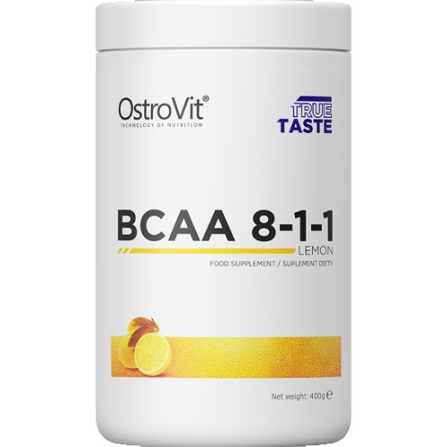 OstroVit BCAA 8-1-1 lemon flavour 400g BCAA amino acid supplement, white container with lemon graphic and purple text.