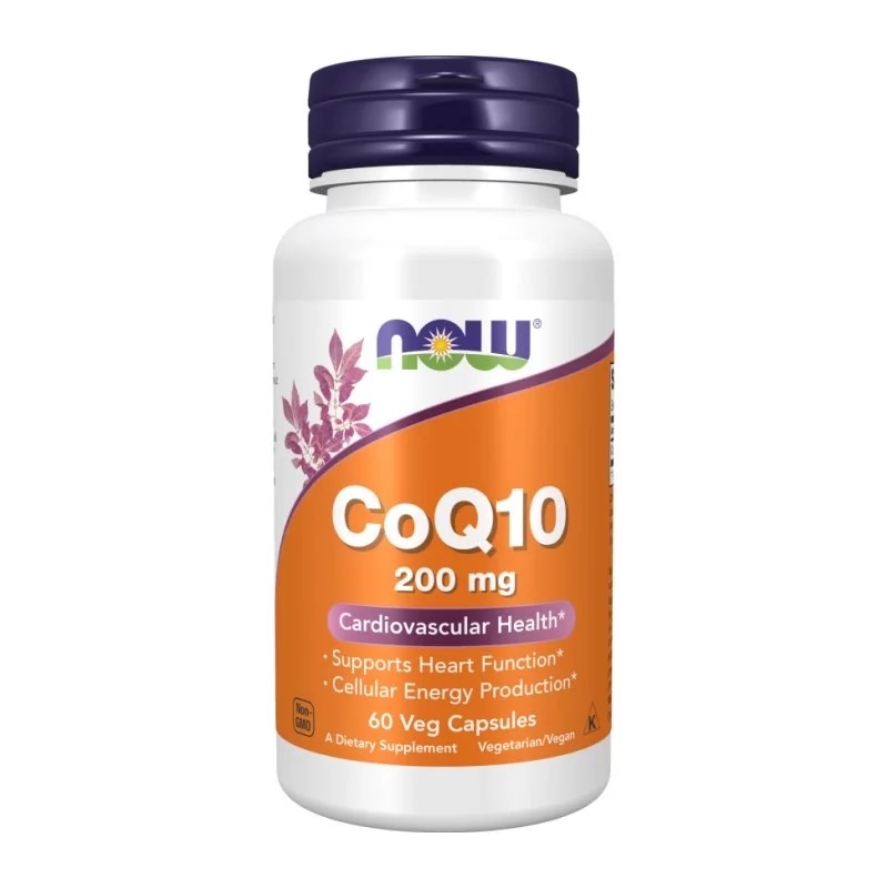 NOW CoQ10 200mg 60 Veg Capsules dietary supplement for cardiovascular health, supports heart function and cellular energy, in a white and orange bottle.