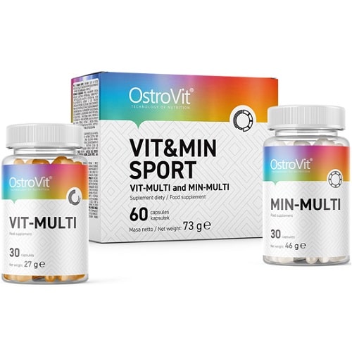 OstroVit Vit&Min Sport 60 capsules, a dietary supplement pack containing Vit-Multi and Min-Multi formulas for comprehensive vitamin and mineral support, with a white and rainbow-accented design.