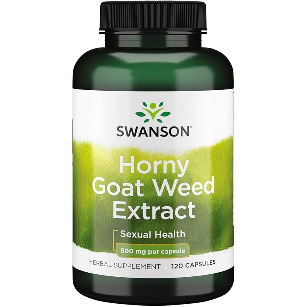 Swanson Horny Goat Weed Extract 500mg per capsule herbal supplement for sexual health, 120 capsules, in a green and white bottle.