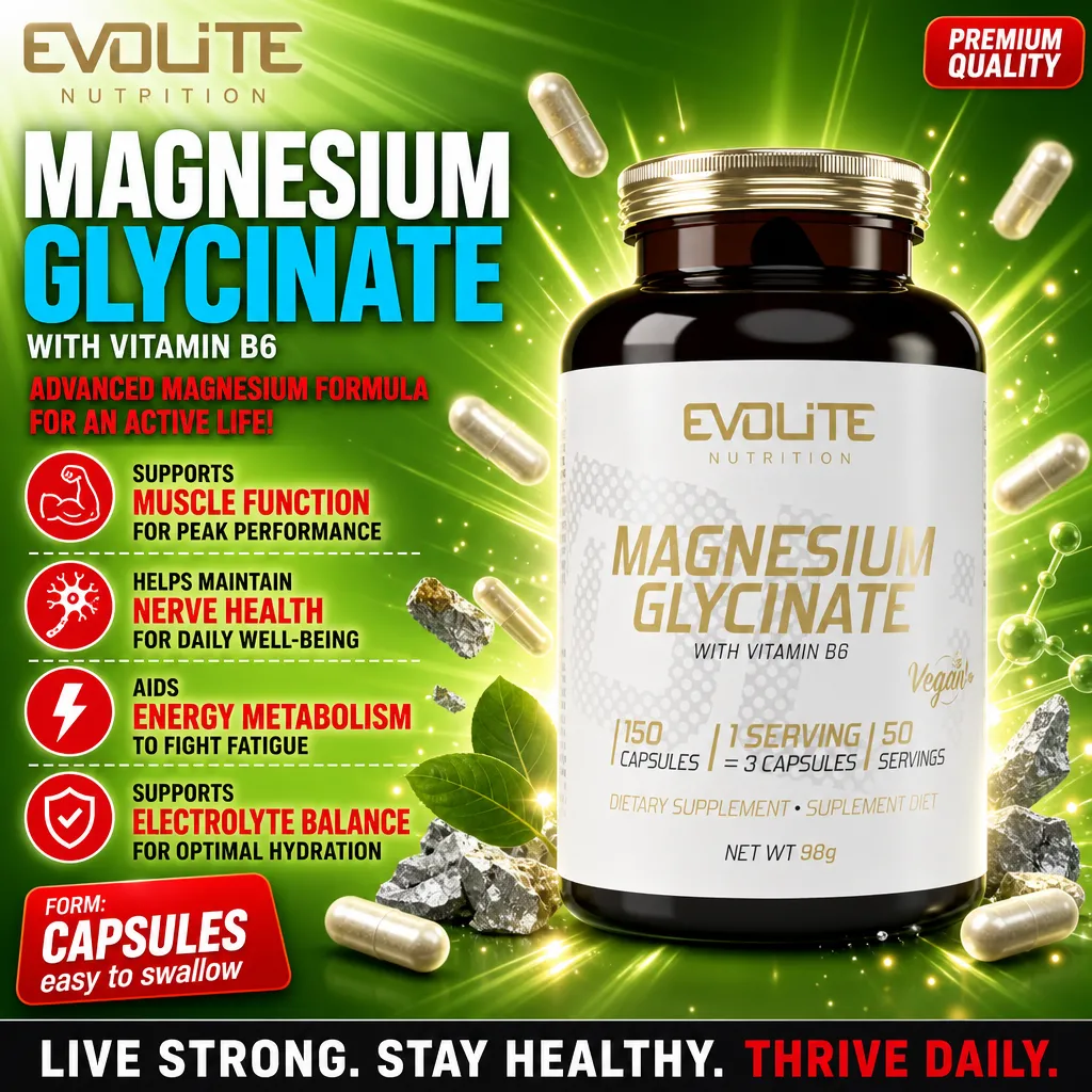 Evolite Magnesium Glycinate 555mg + B6 150 Vege Caps bottle, white plastic container with blue and yellow label, 150 capsules