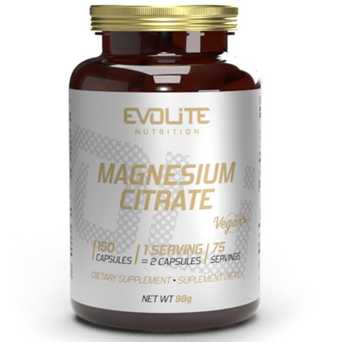 Evolite Magnesium Citrate vegan dietary supplement, 150 capsules, 98g net weight, for magnesium support.