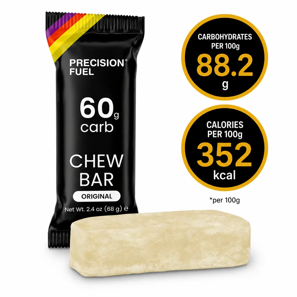 Precision Fuel Chew Bar Original, 68g x4, high-carbohydrate energy chew bar in black packaging with 60g carbohydrates per bar.