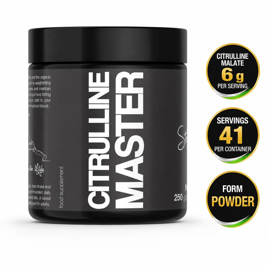 Master Nutrition Citrulline Malate 250g powder supplement in a black tub for pre-workout use