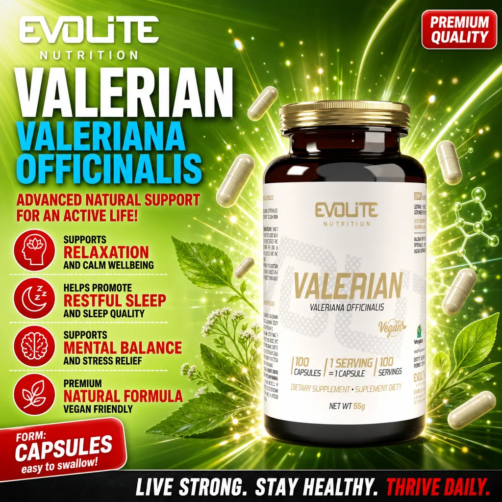 Evolite Valerian Valeriana Officinalis vegan capsules, 100-count bottle, herbal supplement for relaxation, restful sleep, and mental balance, green-themed packaging.